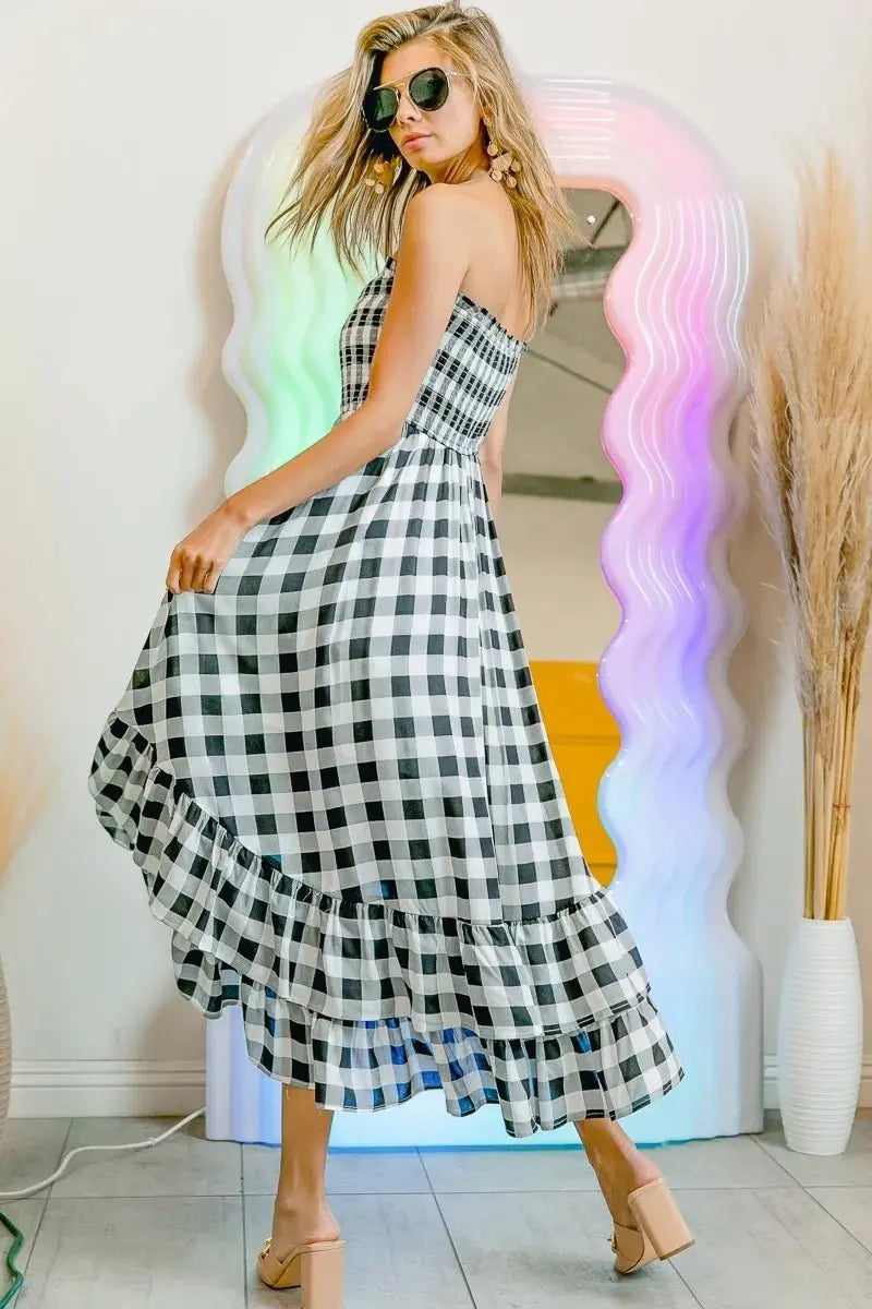 BiBi Smocked Body Off Shoulder Check Dress for Women - Love Salve